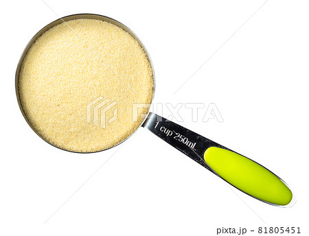 top view of raw semolina from durum wheat in measuring cup cutout on white background top view of raw semolina from durum wheat in measuring cup cutout on white background 81805451