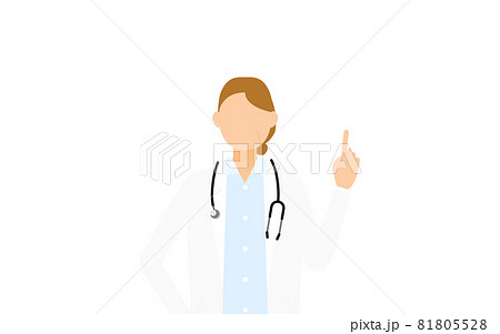 白衣のシニア女性医師が人差し指を立てる 指さしのポーズのイラスト素材