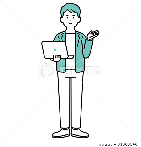 パソコンを手に持って説明しているビジネスパーソンのイラスト素材 男性 私服 全身のイラスト素材
