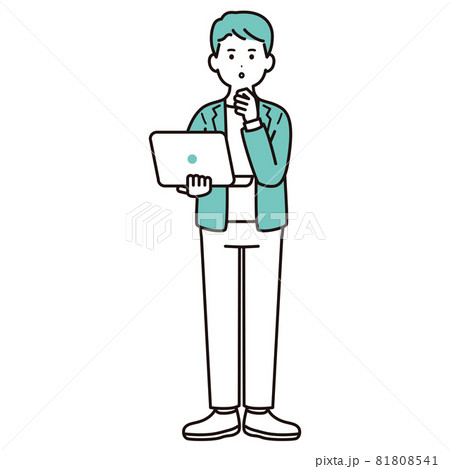 パソコンを手に持って考えるビジネスパーソンのイラスト素材 男性 私服 全身のイラスト素材
