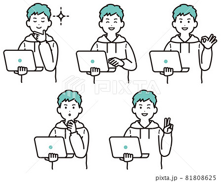 パソコンを手に持って話す人物のイラスト素材 若い男性 私服 ポーズのバリエーションのイラスト素材