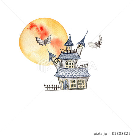 Watercolor halloween house with orange moon 81808825