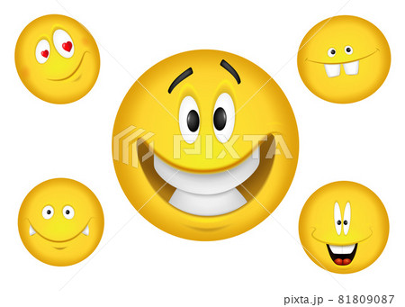 Cheerful emoticons. Smiling yellow faces set. Vector illustration 81809087