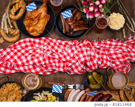 Oktoberfest dishes with beer, pretzel and sausage 81811468