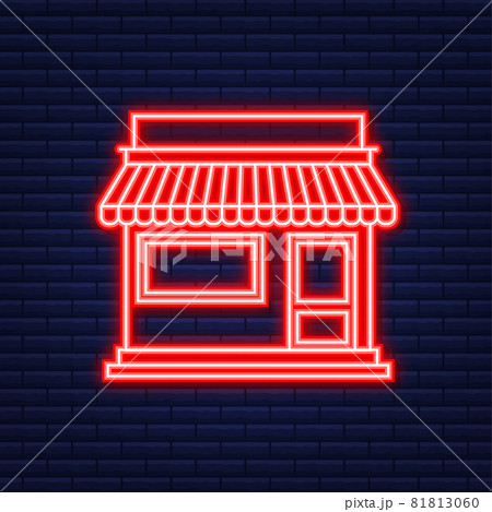 Shop or market store front exterior facade. Neon icon. Vector illustration. Shop or market store front exterior facade. Neon icon. Vector illustration. 81813060