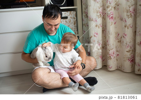 adorable baby sits in dad's arms and strokes a decorative rabbit. domestic animals in a family with children. father shows little child easter bunny adorable baby sits in dad's arms and strokes a decorative rabbit. domestic animals in a family with children. father shows little child easter bunny 81813061