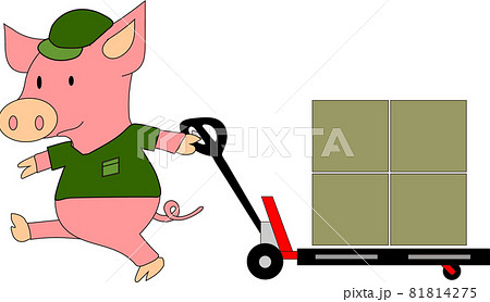 ハンドリフトを引く子豚のイラスト素材