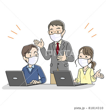 優しいタッチのマスクをしたパソコン教室の先生と生徒イラスト（わきあいあい） 81814310