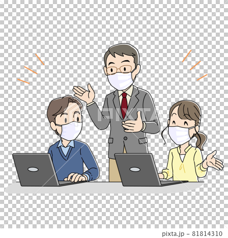 優しいタッチのマスクをしたパソコン教室の先生と生徒イラスト（わきあいあい） 81814310