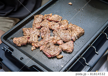 バーベキュー、キャンプ飯、外で過ごす休日、ガーリックステーキ、アウトドア料理 81814532