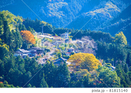 下久保ダム　天端からの景色　山間の集落　秋の風景　紅葉の季節　　 81815140