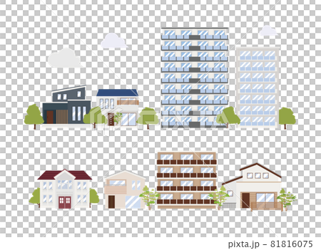 一軒家やマンションが立ち並ぶ街並みのベクターイラスト 81816075