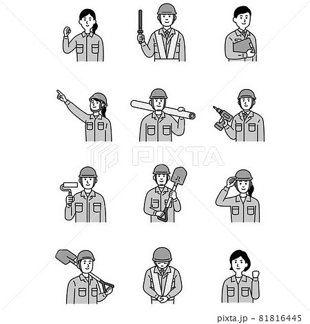 土木作業員さんのイラスト上半身 白黒のイラスト素材 土木作業員さんのイラスト上半身 白黒のイラスト素材