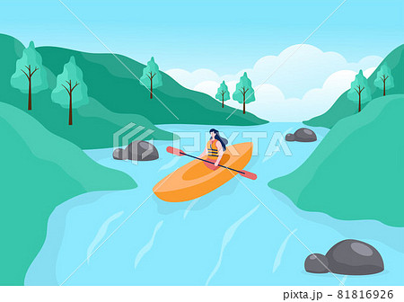 Rafting Background Flat Cartoon Vector Illustration With People do Activity Water Sports in the Middle of the Lake, Canoeing, Sitting in Boat and Holding Paddles 81816926