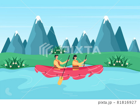 Rafting Background Flat Cartoon Vector Illustration With People do Activity Water Sports in the Middle of the Lake, Canoeing, Sitting in Boat and Holding Paddles Rafting Background Flat Cartoon Vector Illustration With People do Activity Water Sports in the Middle of the Lake, Canoeing, Sitting in Boat and Holding Paddles 81816927