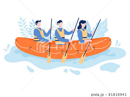 Rafting Background Flat Cartoon Vector Illustration With People do Activity Water Sports in the Middle of the Lake, Canoeing, Sitting in Boat and Holding Paddles 81816941
