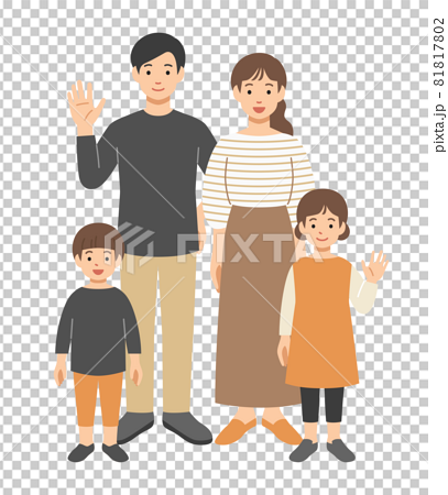 笑顔で手を振る4人家族の全身イラストのイラスト素材