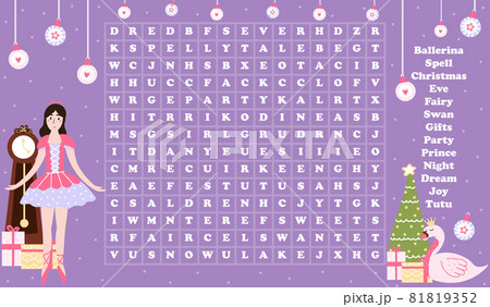 Christmas word search game for kids with nutcracker character and ballerina with xmas eve on violet background 81819352