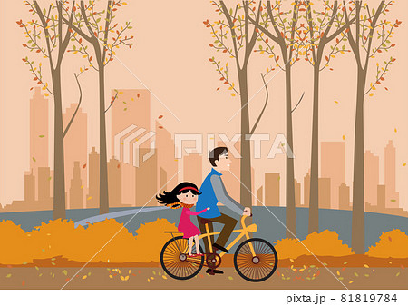 Happy father with daughter riding bicycle in autumn park with autumn leaves family in autumn clothes with scarf riding a bicycle flat vector cartoon illustration in modern concept 81819784