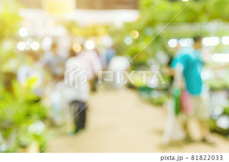 Blur Green plant tree and agriculture event in large exhibition center hall with people walking for shopping houseplant for background. 81822033