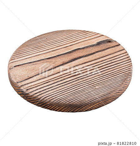 Isolated round burnt wooden serving board on white 81822810