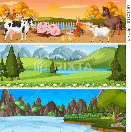 Outdoor panorama landscape scene set with cartoon character 81823597
