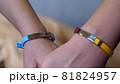 Mother and daughter hand with vaccined label or bracelet after injection 81824957