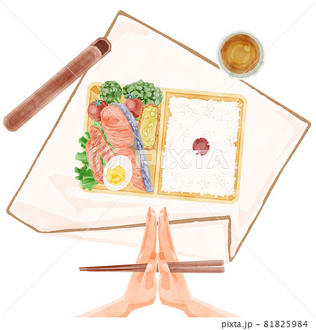 昼食に鮭弁当を食べる手書き水彩風イラスト 81825984
