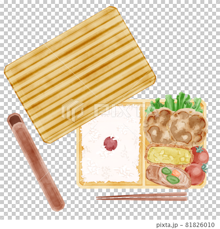 日本のハンバーグコロッケ弁当の手描き水彩イラスト 81826010