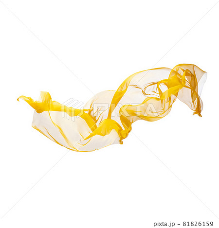 Yellow wave silk flying textile. Elegant cloth texture isolated on white studio background. Texture of flying silk fabric 81826159