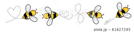 Set of cartoon bee mascot. A small bees flying on a dotted route. Wasp collection. Vector characters. Incest icon. Template design for invitation, cards. Doodle style Set of cartoon bee mascot. A small bees flying on a dotted route. Wasp collection. Vector characters. Incest icon. Template design for invitation, cards. Doodle style 81827295