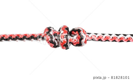 back side of double overhand knot tied on synthetic rope cut out on white background 81828101