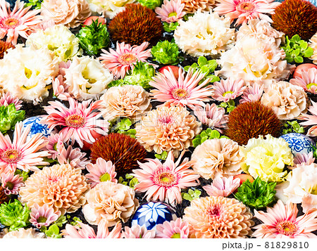 カラフルで楽しい花手水の写真素材