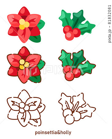クリスマスの植物 ポインセチアとヒイラギのイラスト素材 8181 クリスマスの植物 ポインセチアとヒイラギのイラスト素材 8181