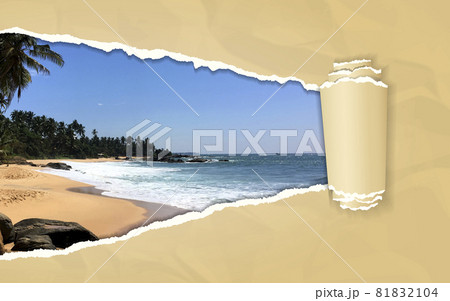 Torn paper with tropical beach in opening background 81832104