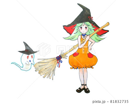 ホウキを持つハロウィンの魔女とお化けのイラスト素材