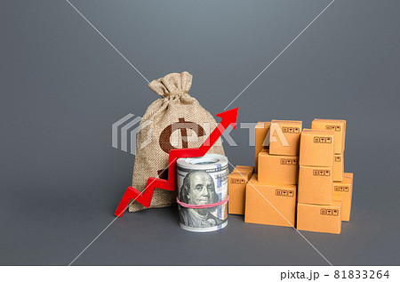 Boxes with a red arrow up and money. Increase in trade volumes, growth of purchasing power. Trade surplus, economic improvement. Fees and Tariffs, customs. High sales. Import and export. Added value Boxes with a red arrow up and money. Increase in trade volumes, growth of purchasing power. Trade surplus, economic improvement. Fees and Tariffs, customs. High sales. Import and export. Added value 81833264
