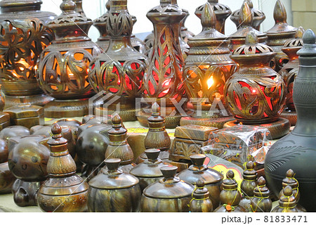 PERAK, MALAYSIA -JULY 9, 2016: Traditional Malay water storage containers or Labu Sayong It is made of clay that has been in the process with a variety of attractive colors and patterns.  81833471