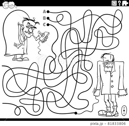 maze with evil scientist and zombie coloring book page 81833806