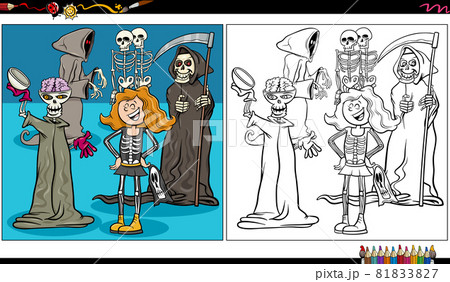 cartoon Halloween characters group coloring book page 81833827