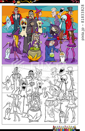 cartoon spooky Halloween characters group coloring book page 81833828