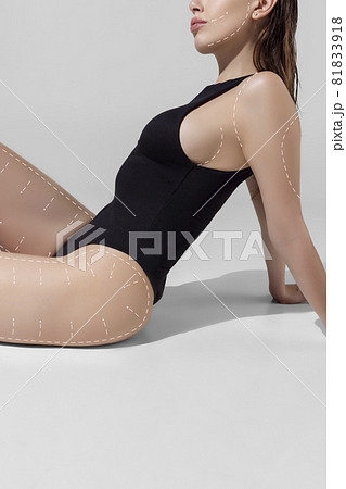Beautiful young woman isolated on light background. Caring for women's health, body treatment, sport and natural beauty concept. Collage Beautiful young woman isolated on light background. Caring for women's health, body treatment, sport and natural beauty concept. Collage 81833918