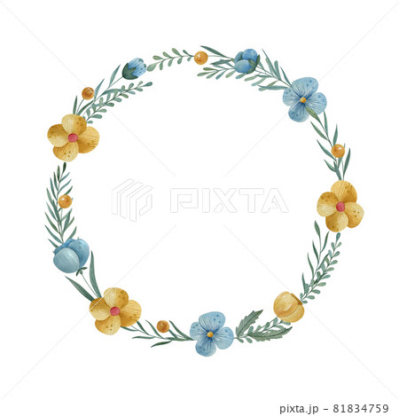 Hand-drawn watercolor floral round frame template. Botanical illustration with space for text. Decor for invitations, greeting cards, posters, design elements. 81834759