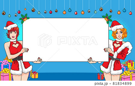 Twin pretty santa woman stand showing with empty space banner Twin pretty santa woman stand showing with empty space banner 81834899