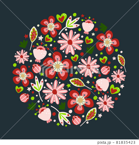 Hand-drawn vector floral round frame template. Floral doodle illustration with space for text. Decor for invitations, greeting cards, posters, design elements. 81835423