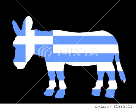 Greek flag over donkey vector silhouette illustration isolated on black background. Greece domestic animal, national symbol. Mediterranean country. EU Balkan state. Tourist invite to visit destination