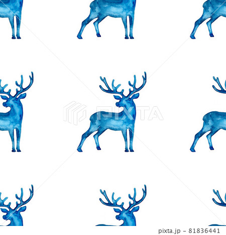 Reindeer XMAS watercolor Deer Stag eamless Pattern in Blue Color. Hand Painted Animal Moose background or wallpaper for Ornament, Wrapping or Christmas Gift 81836441