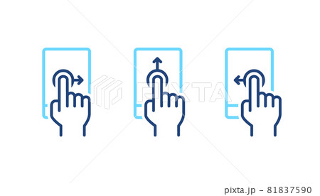Set of up, right, left phone swipe gestures. Mobile screen with hand blue line icons. UI control web elements. 81837590