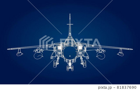 Military jet fighter silhouettes. Image of aircraft in contour drawing lines. The internal structure of the aircraft. 81837690