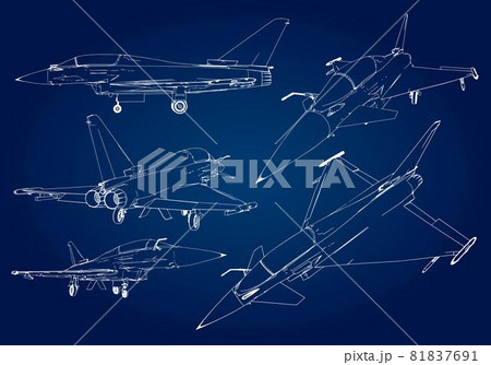 Set of military jet fighter silhouettes. Image of aircraft in contour drawing lines. Set of military jet fighter silhouettes. Image of aircraft in contour drawing lines. 81837691